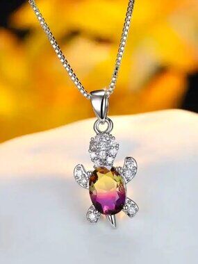 “Just Keep Swimming” Purple Yellow Turtle Diamond Sterling Silver Gift Necklace